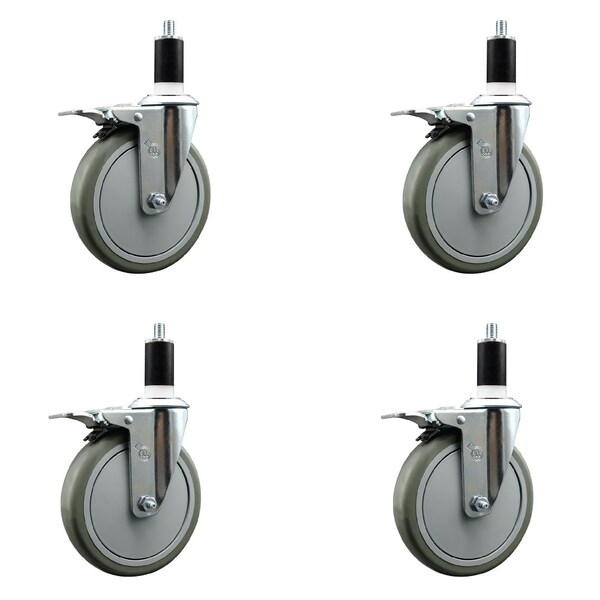 6'' Gray Poly Swivel 1-3/8'' Expanding Stem Caster Set Total Lock Brake, 4PK